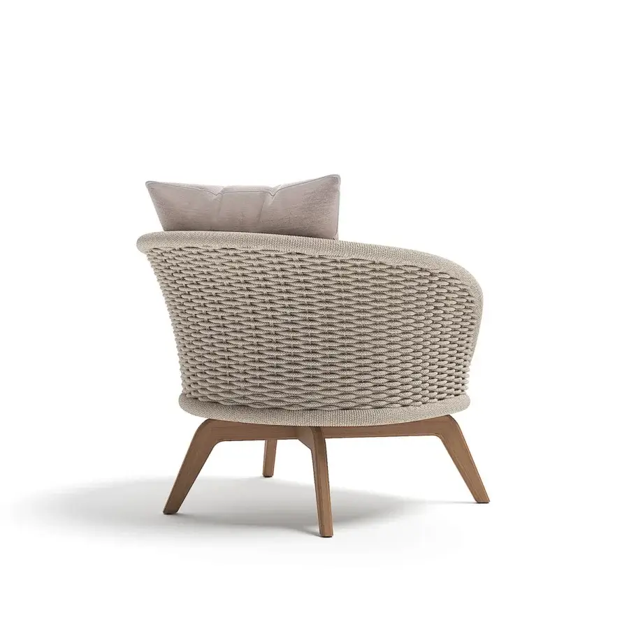 Superior Atmosphera Ludo lounge chair with Teak wood base and hand-woven beige textile backrest in satin finish