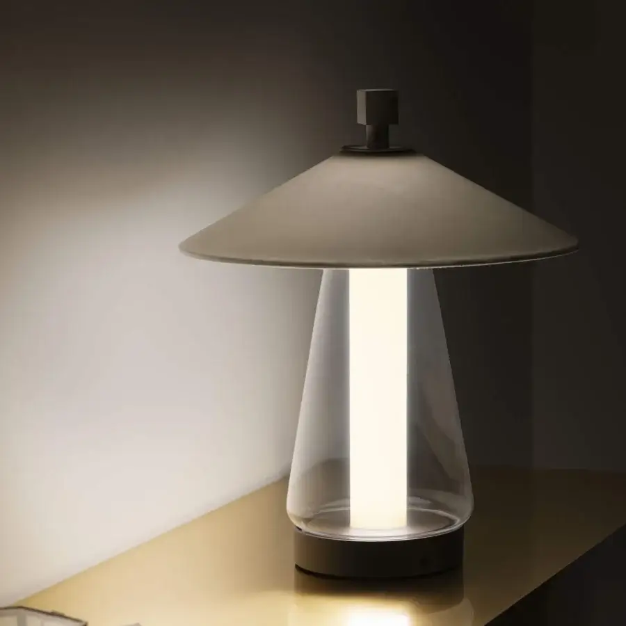 Distinguished Contardi Asia table lamp with a light gray textile shade and glass column built with a satin finish