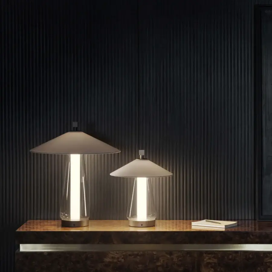 Exceptional Contardi Asia table lamp with a light grey textile shade and dark-toned wood base crafted in clear glass