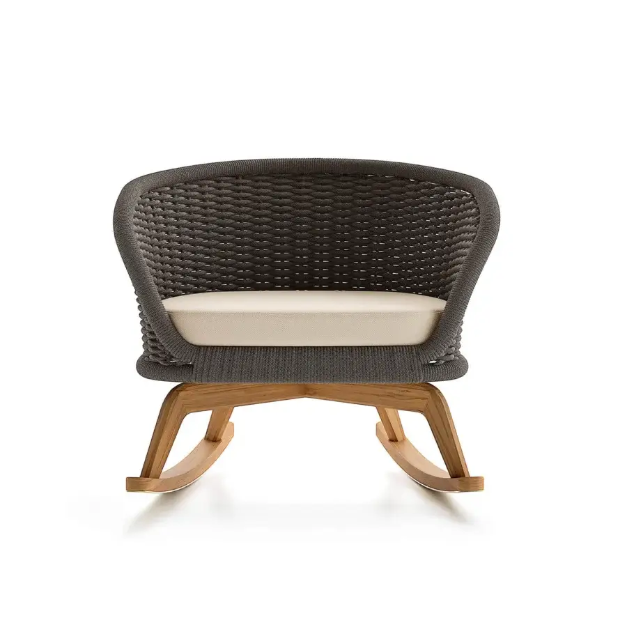 Distinguished Atmosphera Ludo rocking lounge chair with dark gray hand-woven rope and natural Teak wooden rocking base