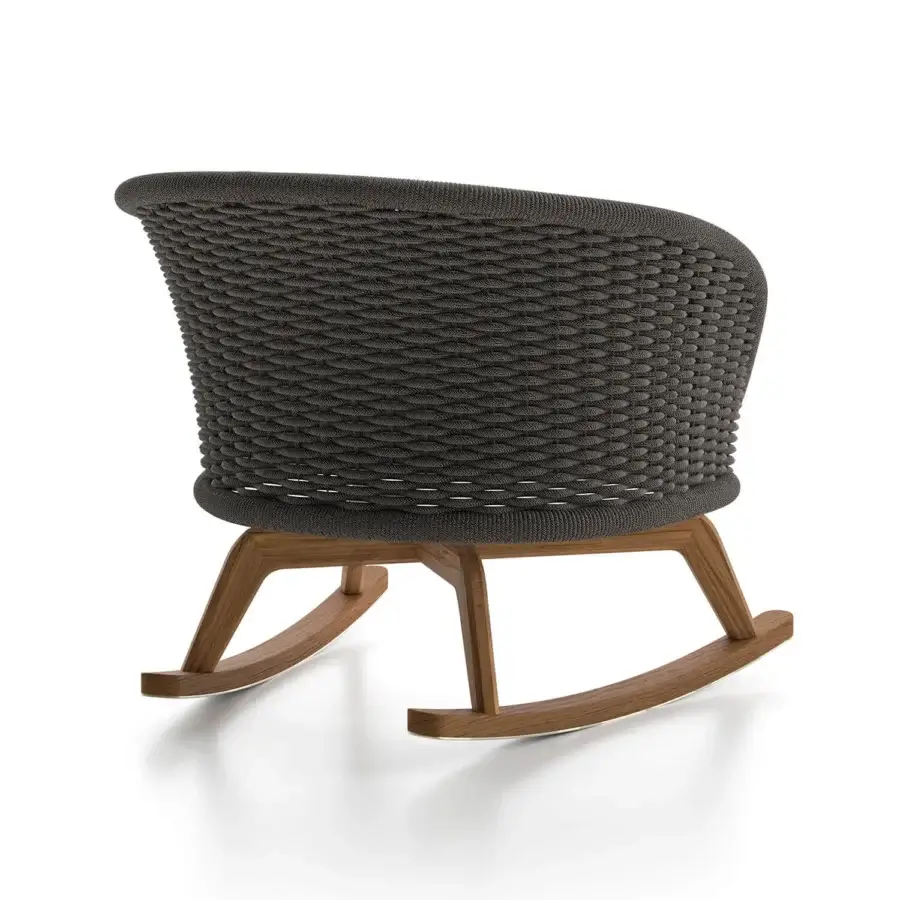 Distinctive Atmosphera Ludo rocking lounge chair with hand-woven rope backrest and natural Teak wooden base in a contemporary dark gray aesthetic