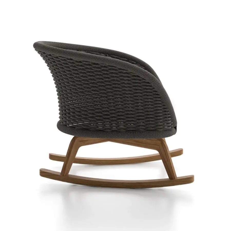 Exceptional Atmosphera Ludo rocking lounge chair crafted with natural Teak wood and hand-woven gray rope backrest