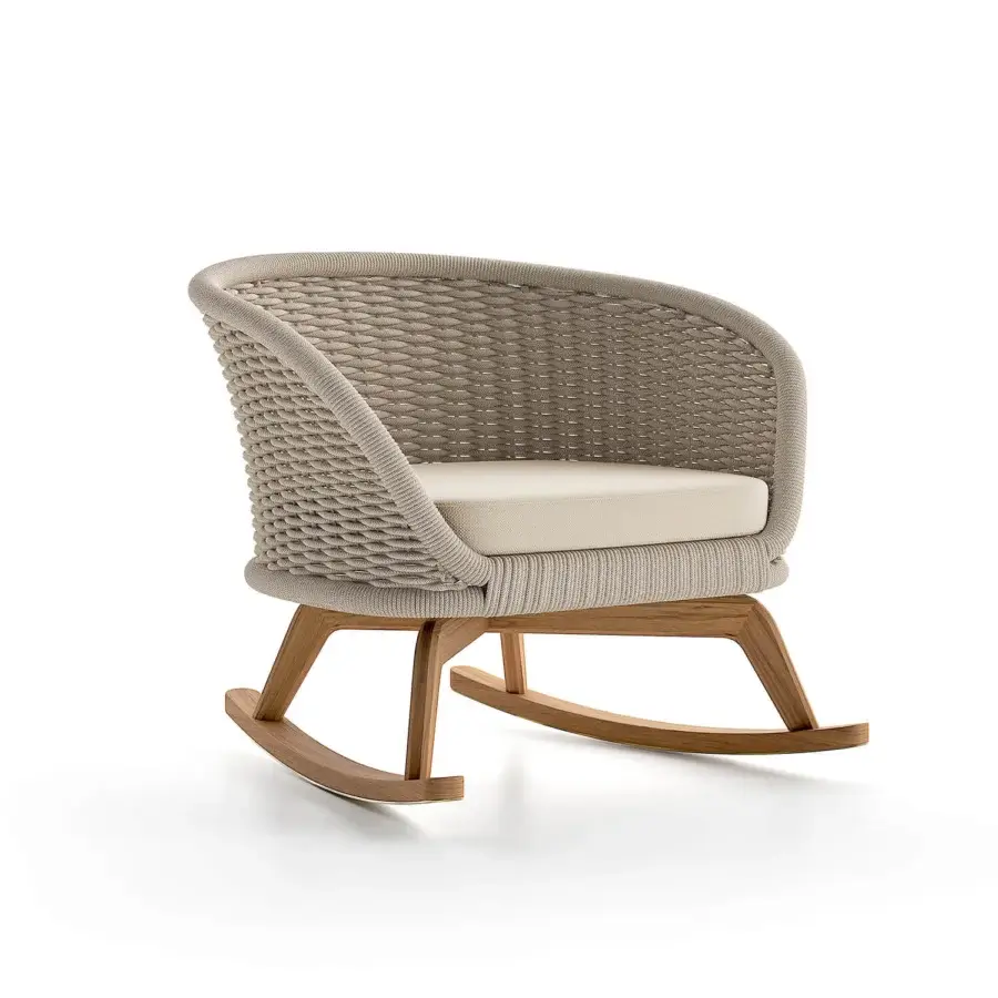 Sophisticated Atmosphera Ludo rocking lounge chair with natural Teak wood and hand-woven light gray rope backrest