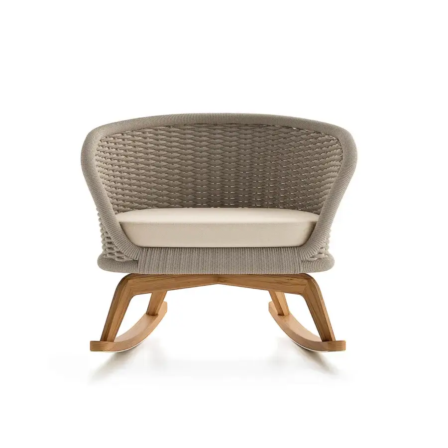 Exceptional Atmosphera Ludo rocking lounge chair with natural Teak wood and hand-woven gray rope backrest, built in a cocoon-like form
