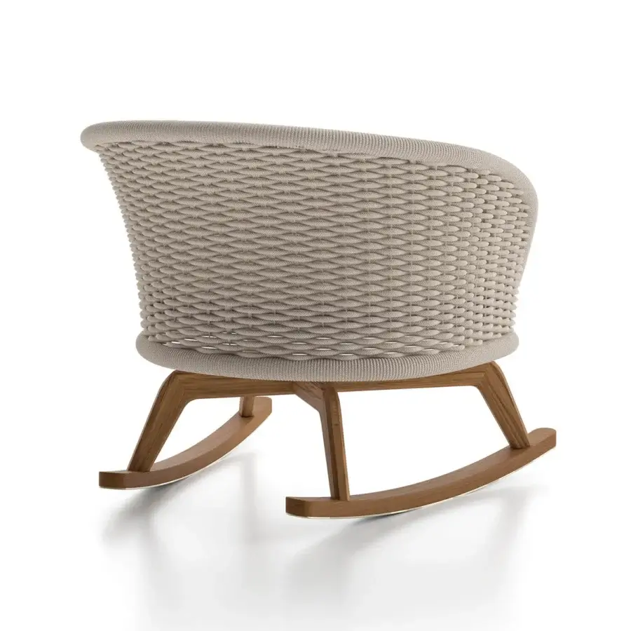 Distinctive Atmosphera Ludo rocking lounge chair with natural Teak wood and hand-woven rope backrest in a neutral beige finish