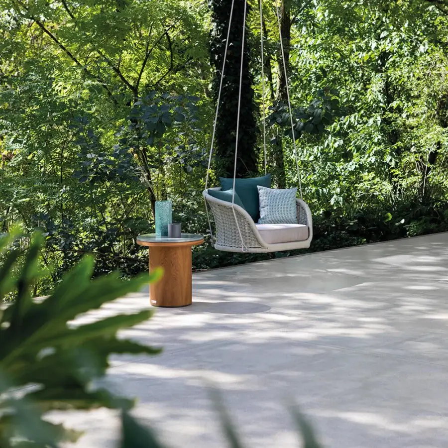 Superior Atmosphera Ludo swing with light gray hand-woven resin wicker and smooth metal, crafted with inviting beige teal cushions
