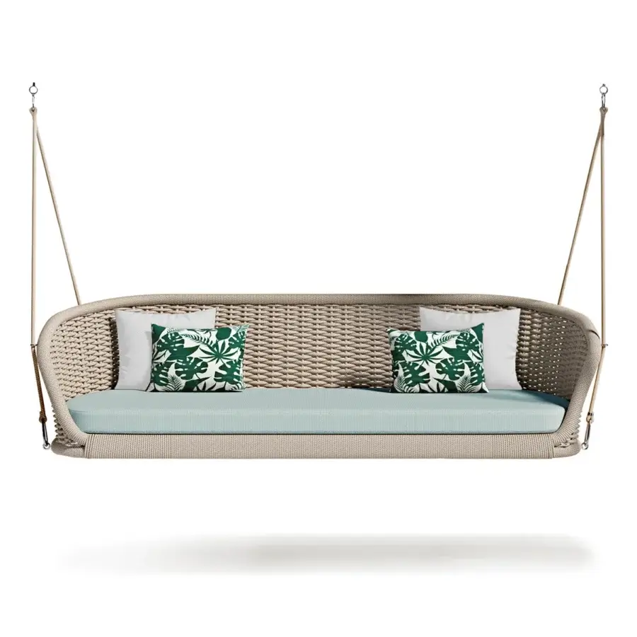 Superior Atmosphera Ludo hanging sofa crafted with hand-woven synthetic rope and soft blue textile cushion in a light beige hue