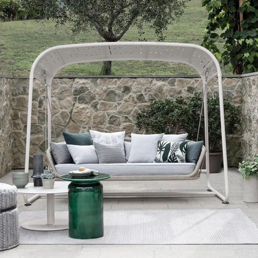 Superior Atmosphera Ludo freestanding swing with galvanized iron frame in matte white and plush cushions in gray, teal, and white