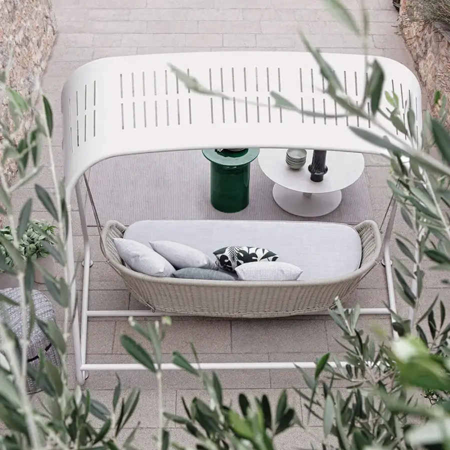 Distinguished Atmosphera Ludo freestanding swing with woven resin wicker and galvanized iron in a matte white finish with grey cushions