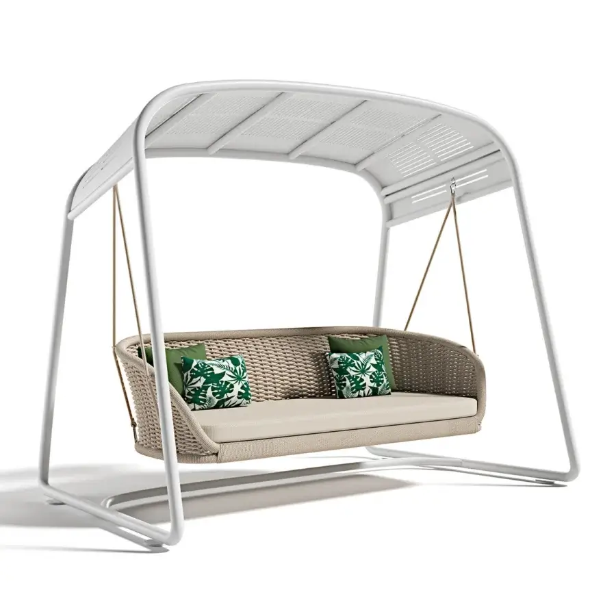 Superior Atmosphera Ludo freestanding swing with woven beige seat, galvanized iron frame and white metal canopy