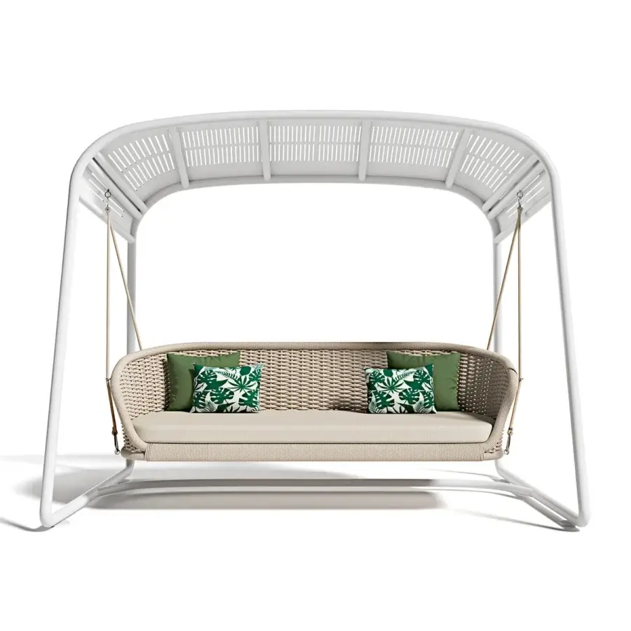 Distinguished Atmosphera Ludo freestanding swing with woven synthetic seat, galvanized iron frame, matte white finish, tropical leaf cushions