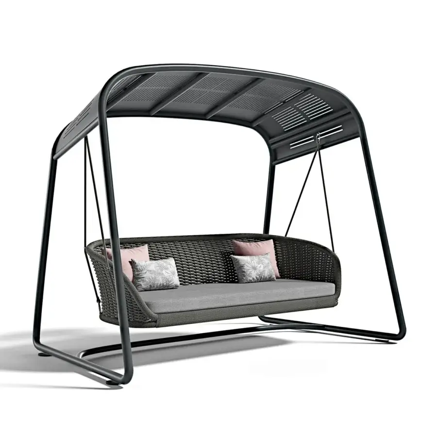 Exceptional Atmosphera Ludo freestanding swing with dark gray woven seat, matte black galvanized iron frame and pale pink botanical cushions
