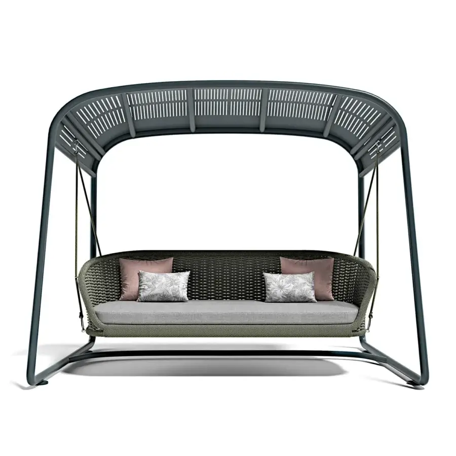 Captivating Atmosphera Ludo freestanding swing with woven synthetic body, galvanized iron frame and dusty rose cushions