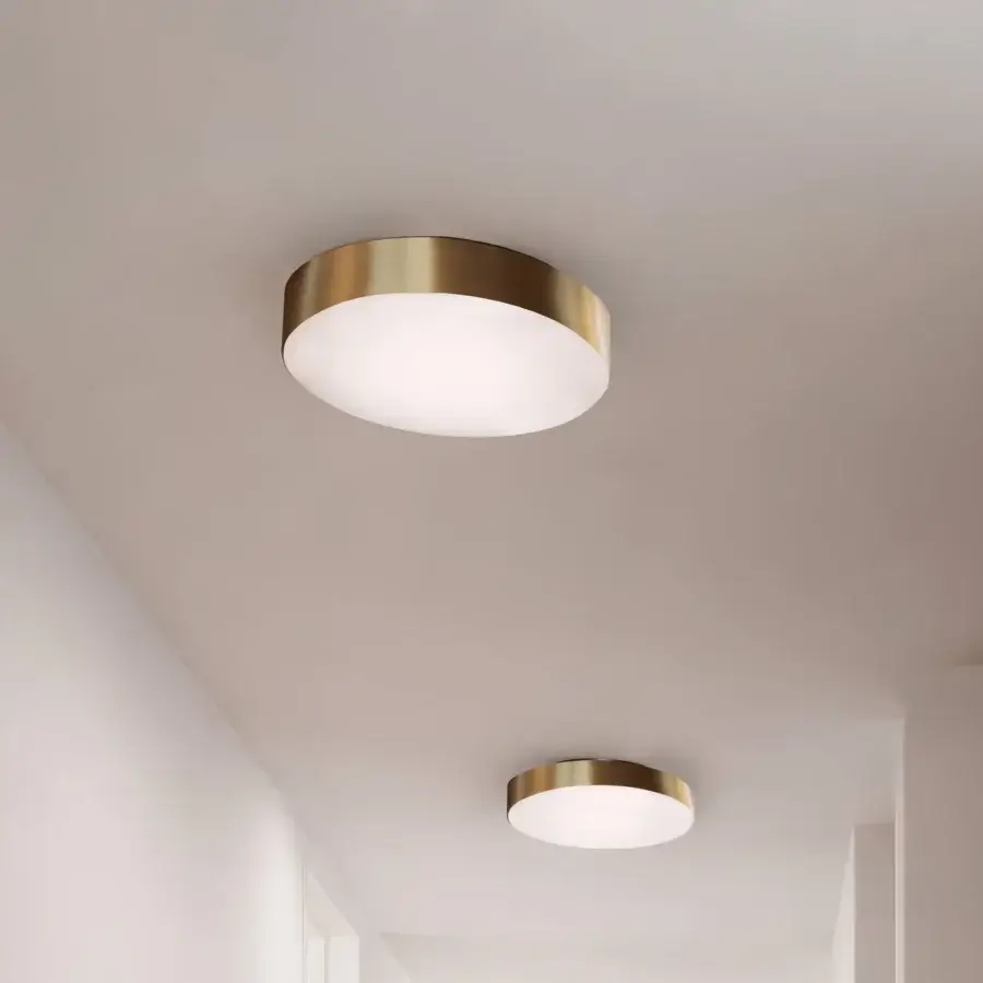 Superior Contardi Discus ceiling lamp crafted in sculpted metal with satin brass-toned finish and white opaline diffuser