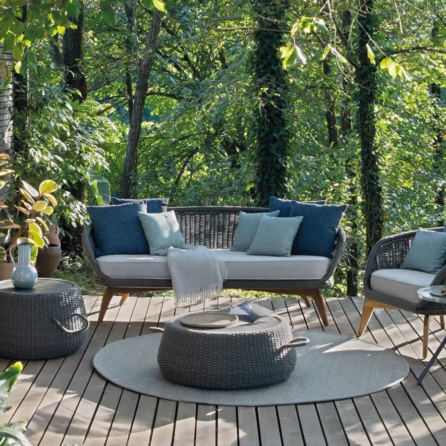 Refined Atmosphera Ludo coffee table with a hand-woven waterproof Teflon-coated acrylic tabletop and epoxy-painted aluminum frame