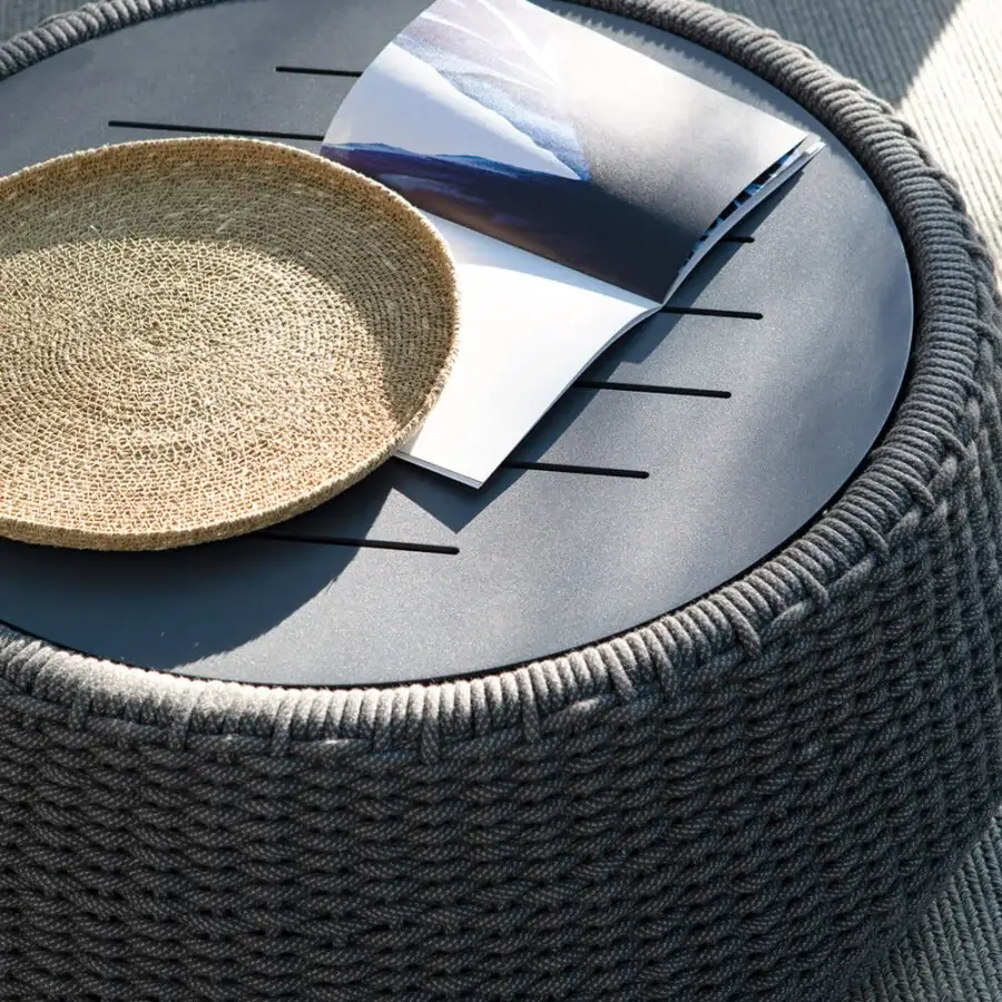 Superior Atmosphera Ludo coffee table crafted with muted gray Teflon-coated acrylic fiber and epoxy painted aluminum frame