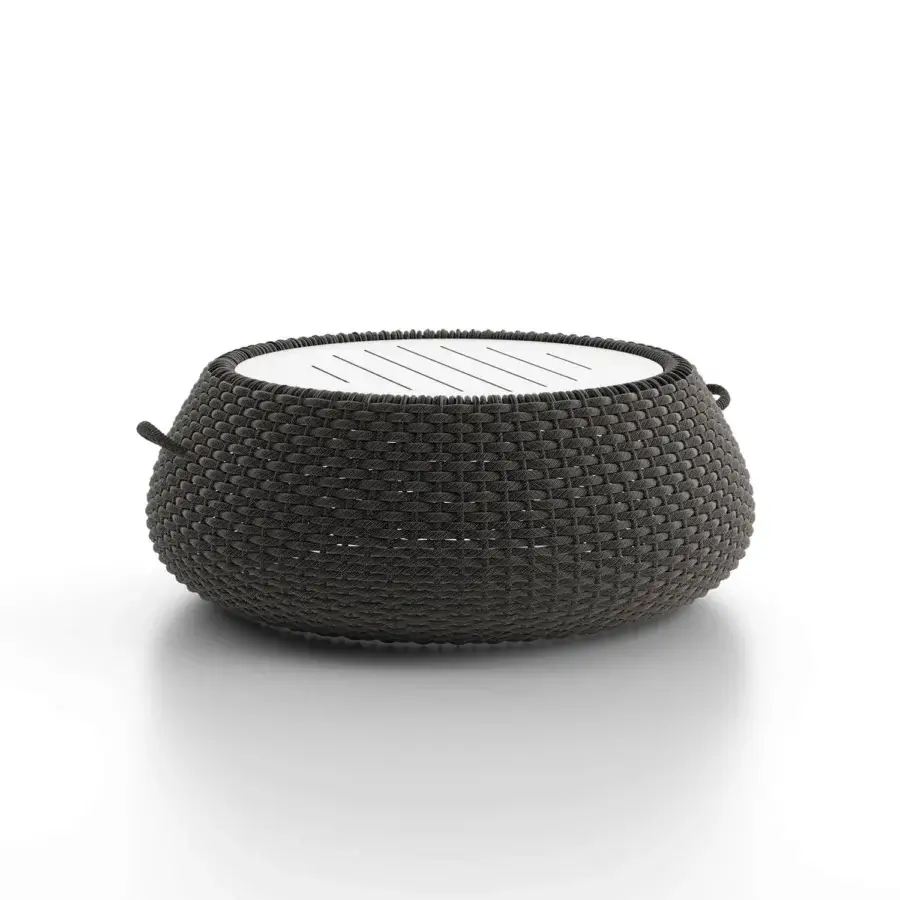 Superior Atmosphera Ludo coffee table with a dark gray hand-woven Teflon-coated acrylic top and epoxy painted aluminum frame
