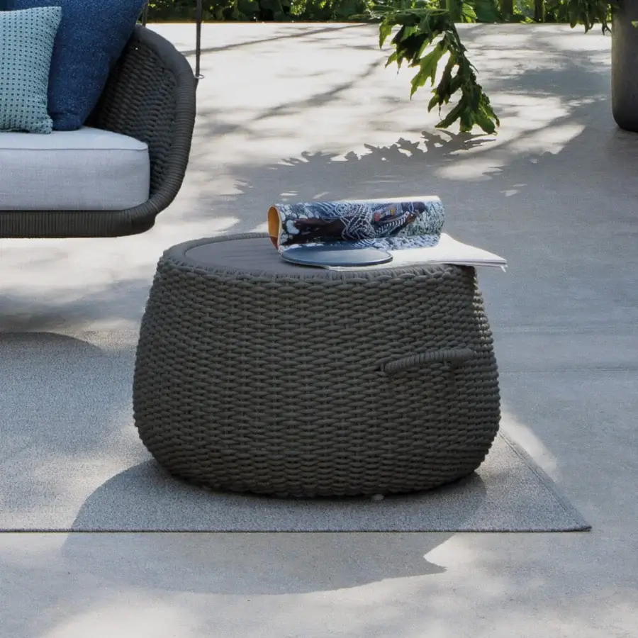 Exceptional Atmosphera Ludo side table crafted with a hand-woven waterproof Teflon thermoplastic acrylic top and epoxy painted aluminum frame