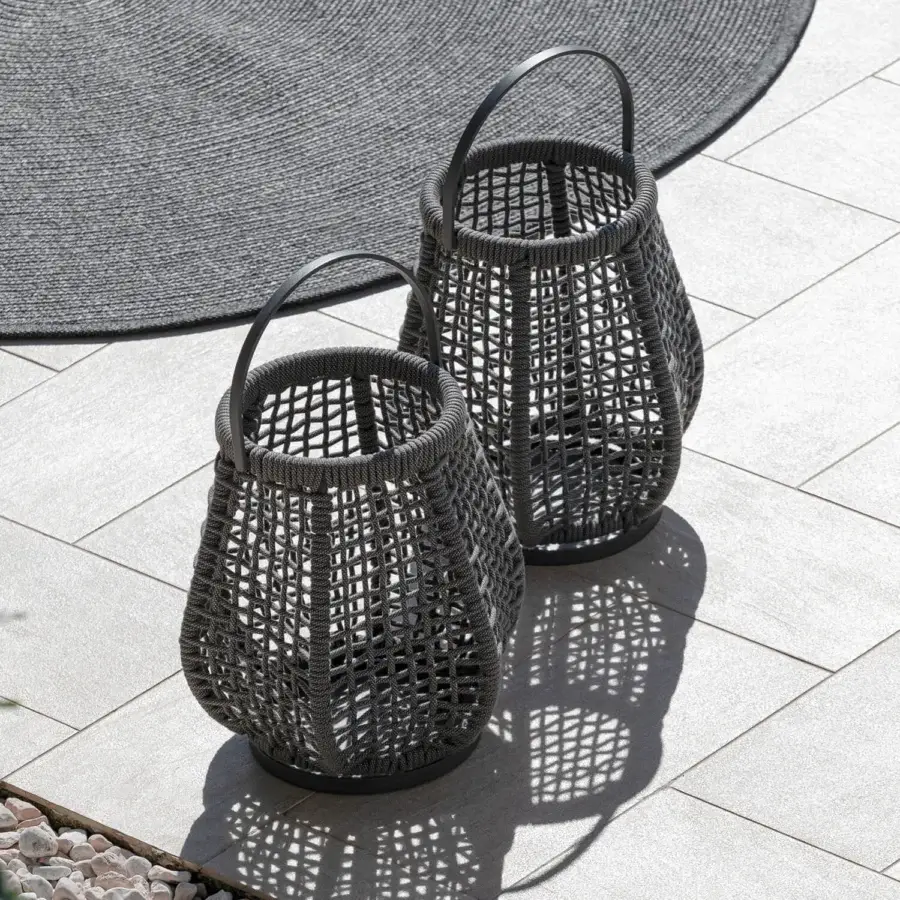 Distinguished Atmosphera Ludo candle floor lamp with a dark gray water-resistant knitted textilene exterior and contemporary curved silhouette
