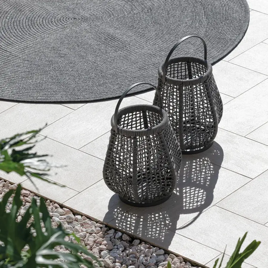 Superior Atmosphera Ludo candle floor lamp crafted in dark gray water-resistant textilene with a durable aluminum frame