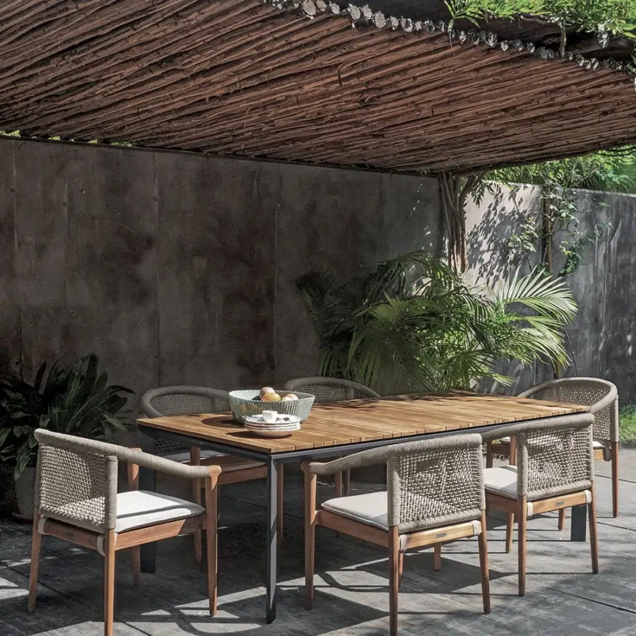 Superior Atmosphera Magic table built with milled Asian TEAK and dark gray epoxy-painted aluminum base