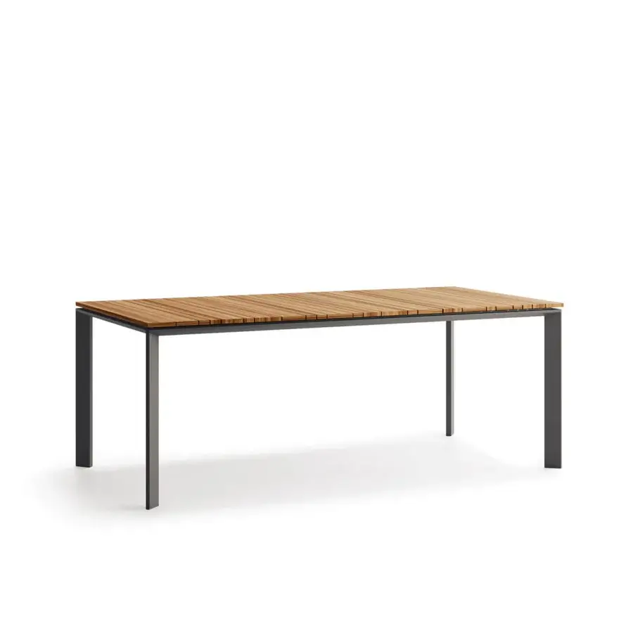 Distinguished Atmosphera Magic table crafted with milled Asian TEAK and an epoxy-painted aluminum base in a warm natural tone