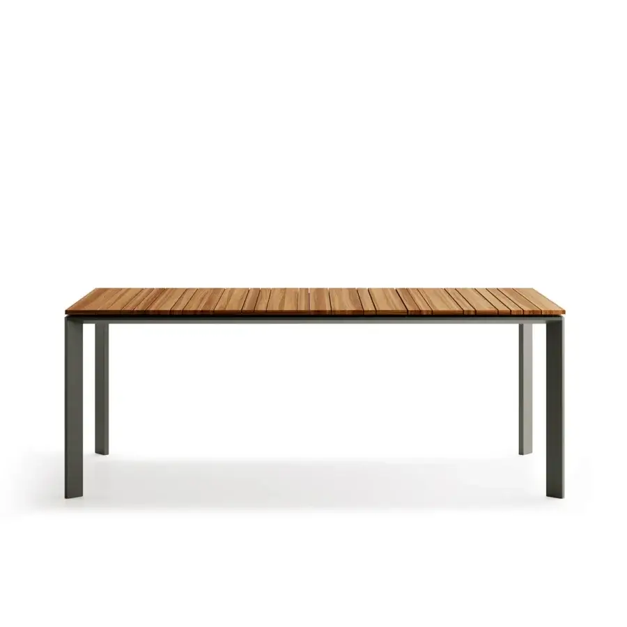 Elegant Atmosphera Magic table crafted with milled Asian TEAK and an epoxy-painted aluminum frame in reddish-brown tones