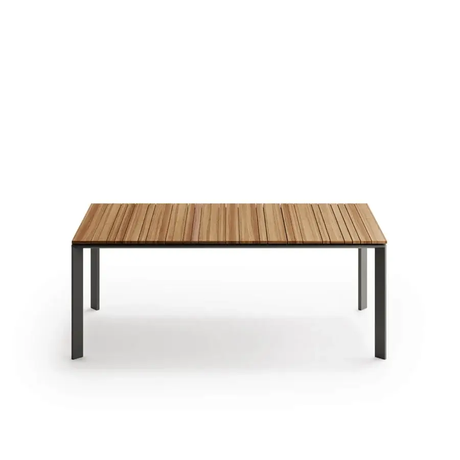 Captivating Atmosphera Magic table built with milled Asian TEAK and a dark gray epoxy-painted aluminum base