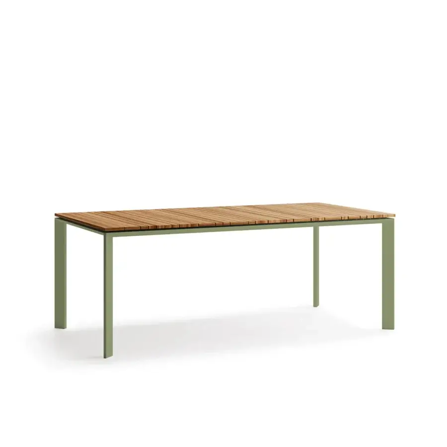 Superior Atmosphera Magic table crafted with milled Asian TEAK and an olive-green epoxy painted aluminum frame