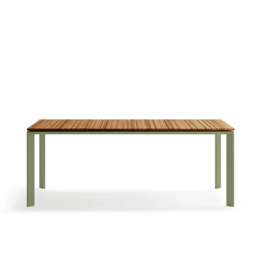 Distinguished Atmosphera Magic table built with milled Asian teak and a sage-green epoxy painted aluminum base
