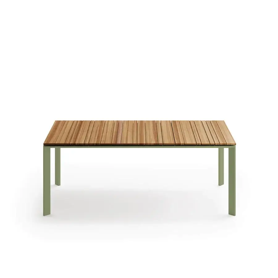 Exceptional Atmosphera Magic table crafted with milled Asian TEAK and an epoxy-painted olive-green aluminum base