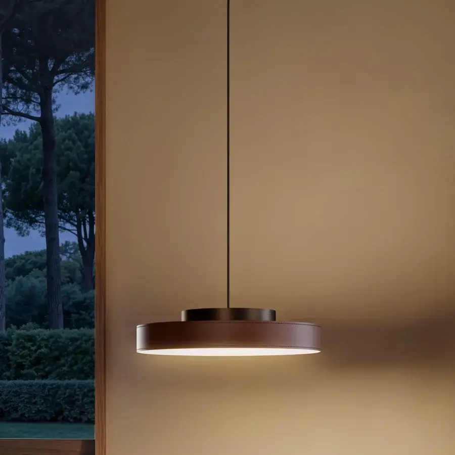 Distinguished Contardi Discus suspension lamp crafted with metal and textured leather-like material in a warm reddish-brown finish