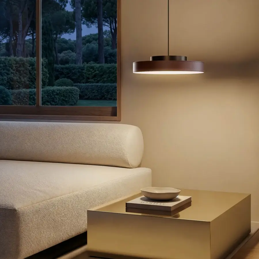 Elegant Contardi Discus suspension lamp with metal and wood, boasting a satin finish and warm bronze tone