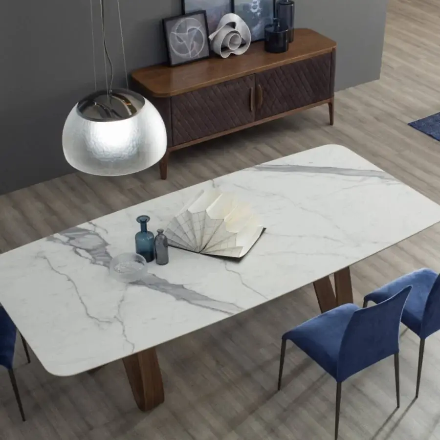 Elegant Tonin Casa Butterfly table crafted in marble with grey veining and smooth satin finished wooden legs
