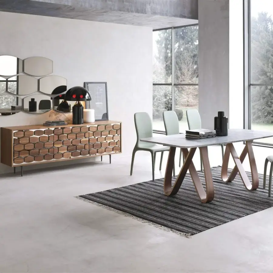 Exceptional Tonin Casa Butterfly table crafted in medium-toned brown wood with a distinctive geometric hexagonal finish