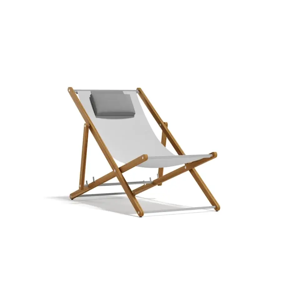 Elegant Atmosphera Nirvana deck chair with Asian teak frame, off-white textile seat and brushed steel accents with an oil finish