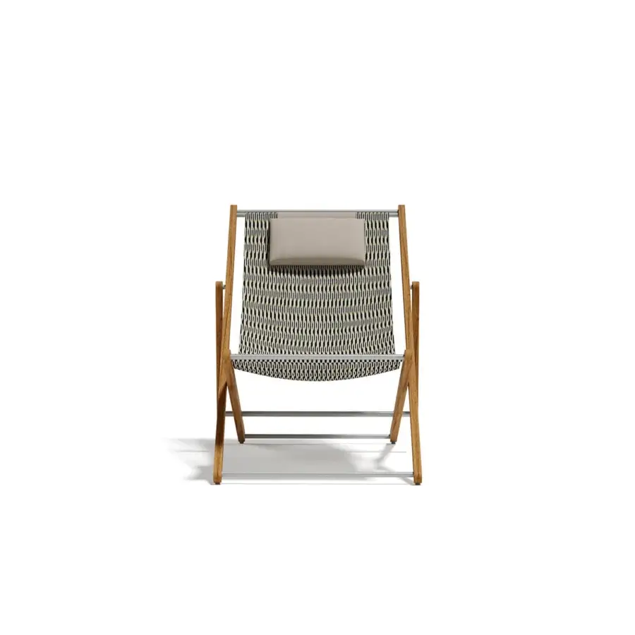 Distinguished Atmosphera Nirvana deck chair with Asian teak frames, black and white striped textilene seat, plus brushed steel accents with an oil finish