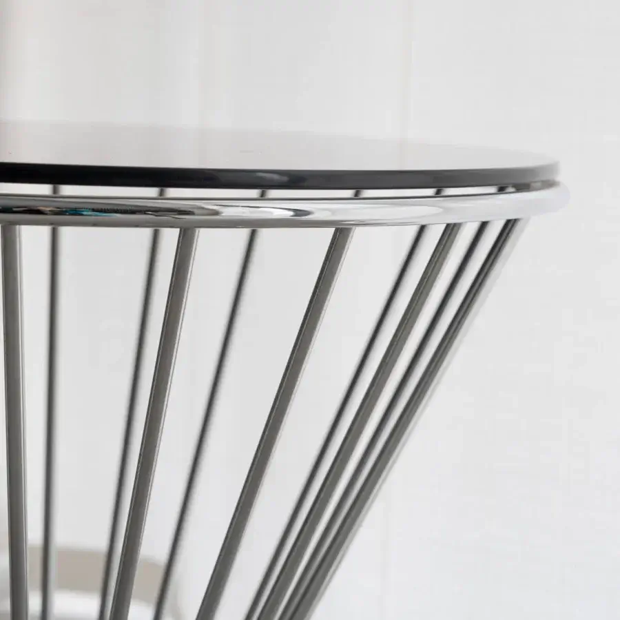 Superior Capital Khero side table with sleek round black glass top and polished silver metallic cylindrical base