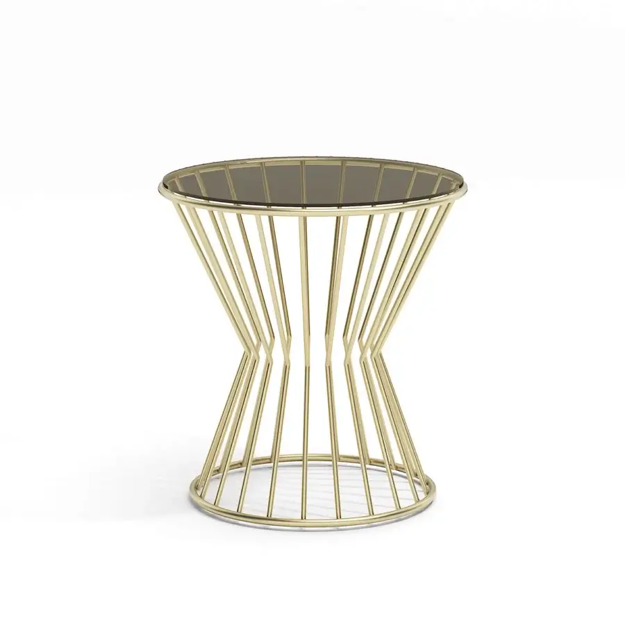Captivating Capital Khero side table with round dark gray glass top and intricately designed glossy golden metallic base crafted in Italy