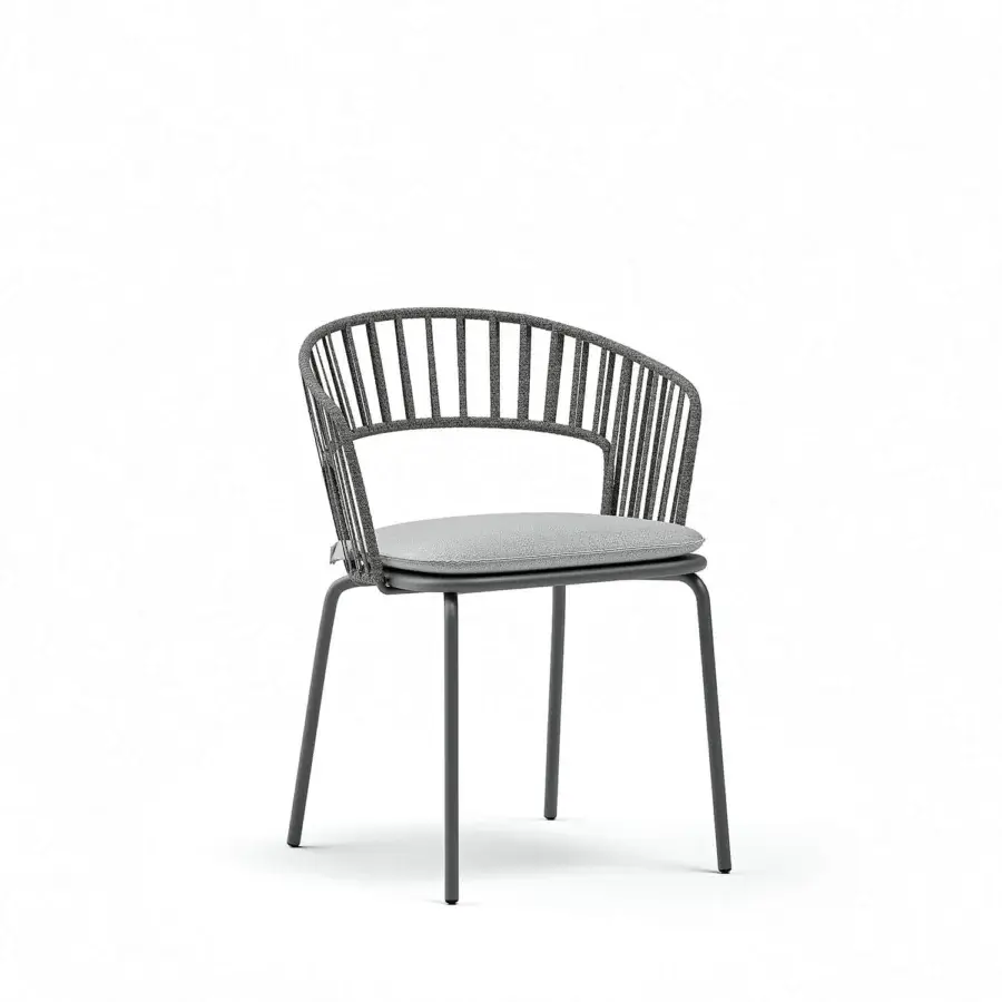 Superior Atmosphera Onda armchair with distinctive braided backrest and inviting curves in dark gray metal and light gray textured cushion
