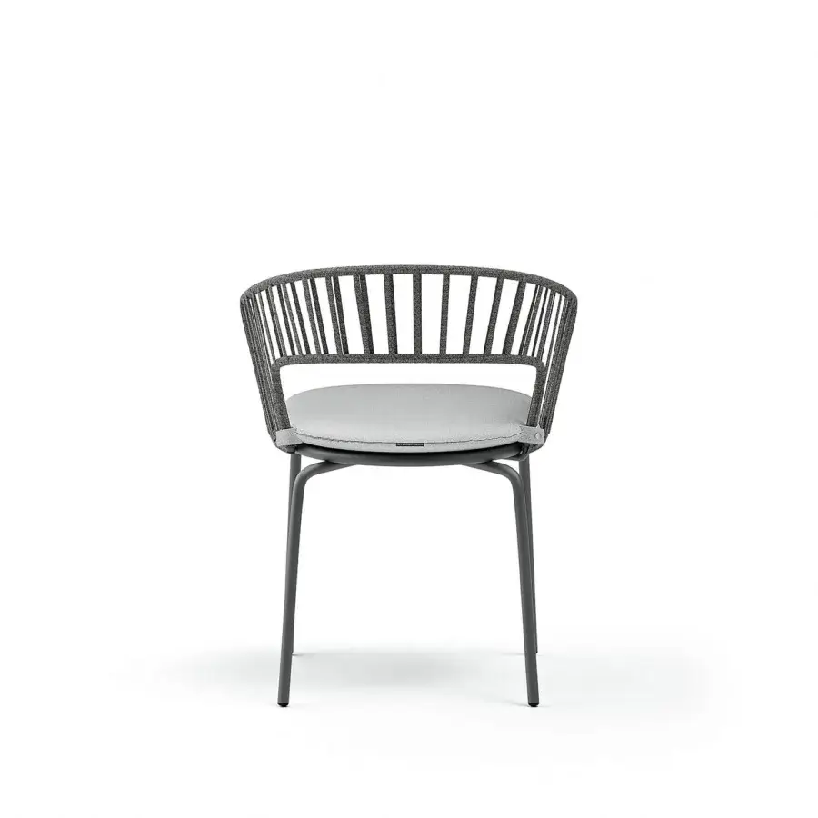 Elegant Atmosphera Onda armchair with braided backrest and curved silhouette in dark gray woven synthetic material with matte dark gray metal frame