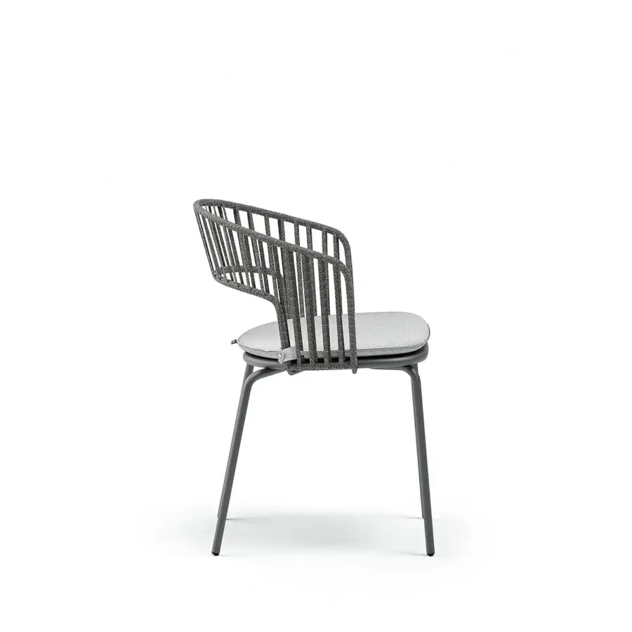 Distinctive Atmosphera Onda armchair with braided backrest and curved silhouette in woven synthetic material with a matte dark gray metal frame