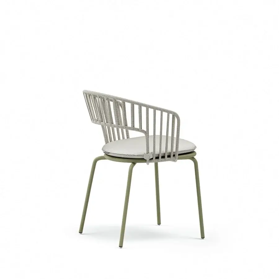 Captivating Atmosphera Onda armchair with woven synthetic material and curved form in light gray with muted green metal frame