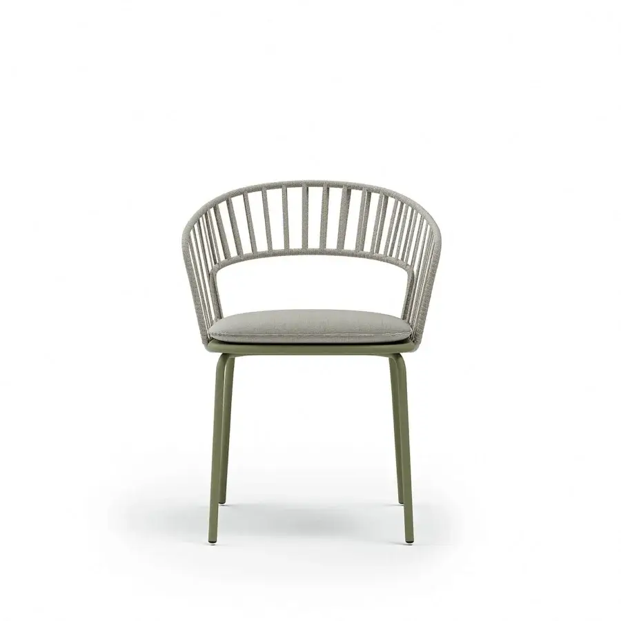 Elegant Atmosphera Onda armchair with woven textile and braided backrest in muted green metal finish