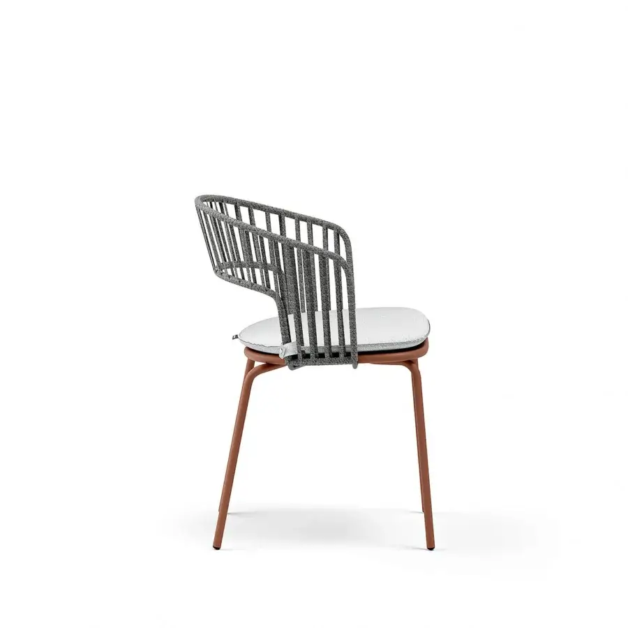 Captivating Atmosphera Onda armchair with curved silhouette and braided backrest in sophisticated medium gray woven textile with reddish-brown satin finish