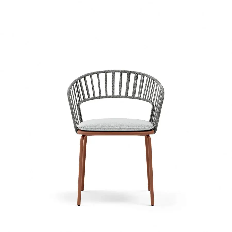 Elegant Atmosphera Onda armchair with woven detailing and sculpted form crafted in reddish-brown satin metal with light grey upholstery