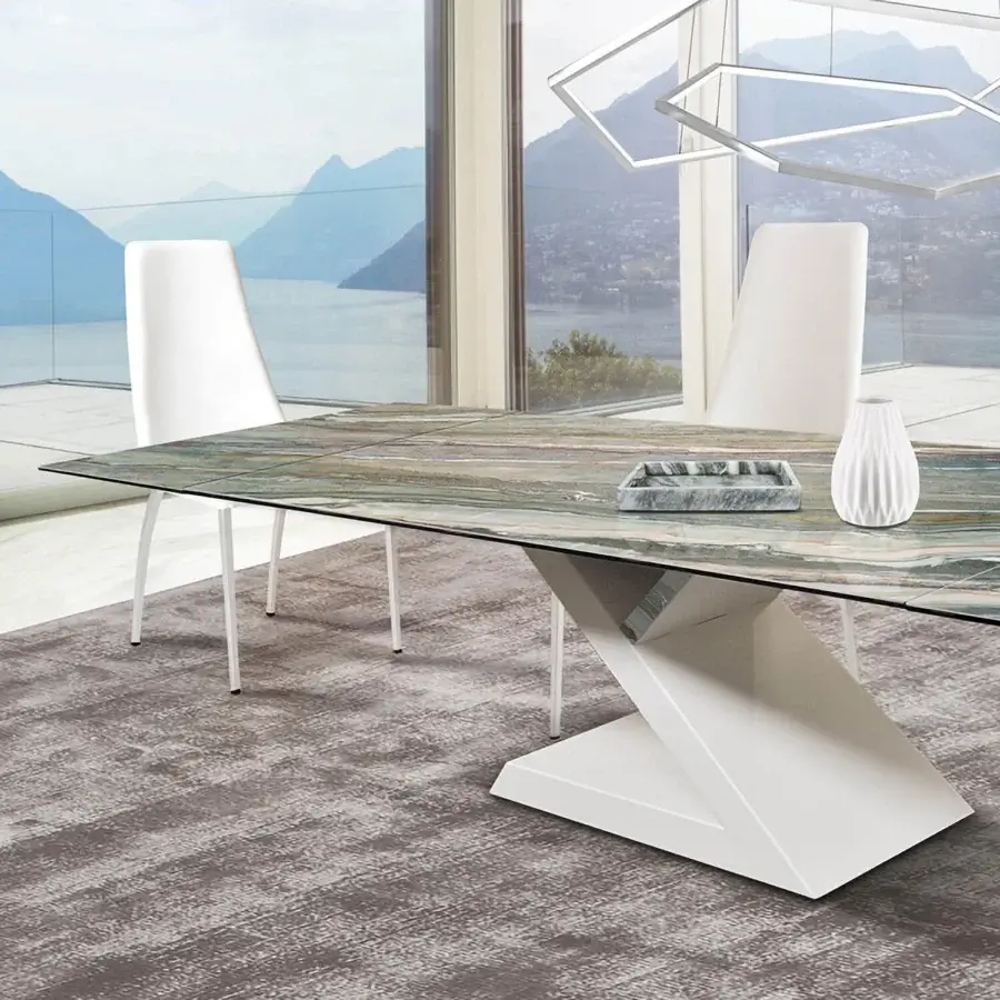 Superior Ivano Antonello Italia Zagor table with glossy glass and green veined marble, built with a crisp white painted metal base