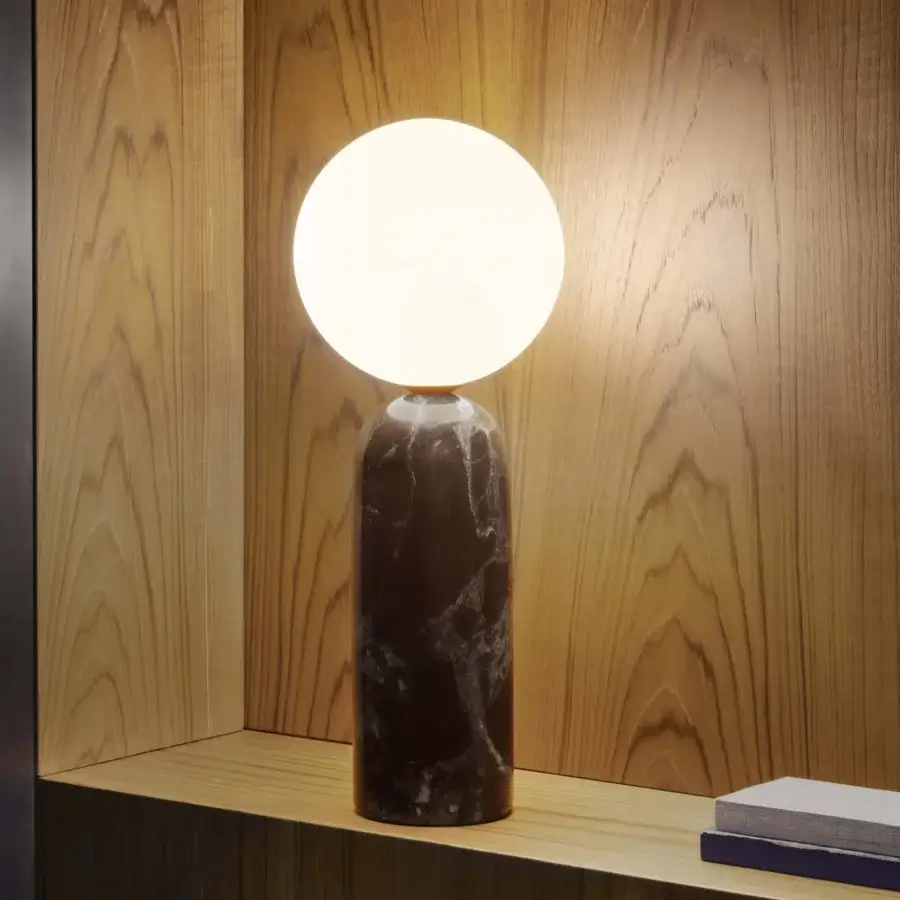 Superior Contardi Emma table lamp with dark mottled brown marble base and white opal glass sphere diffuser