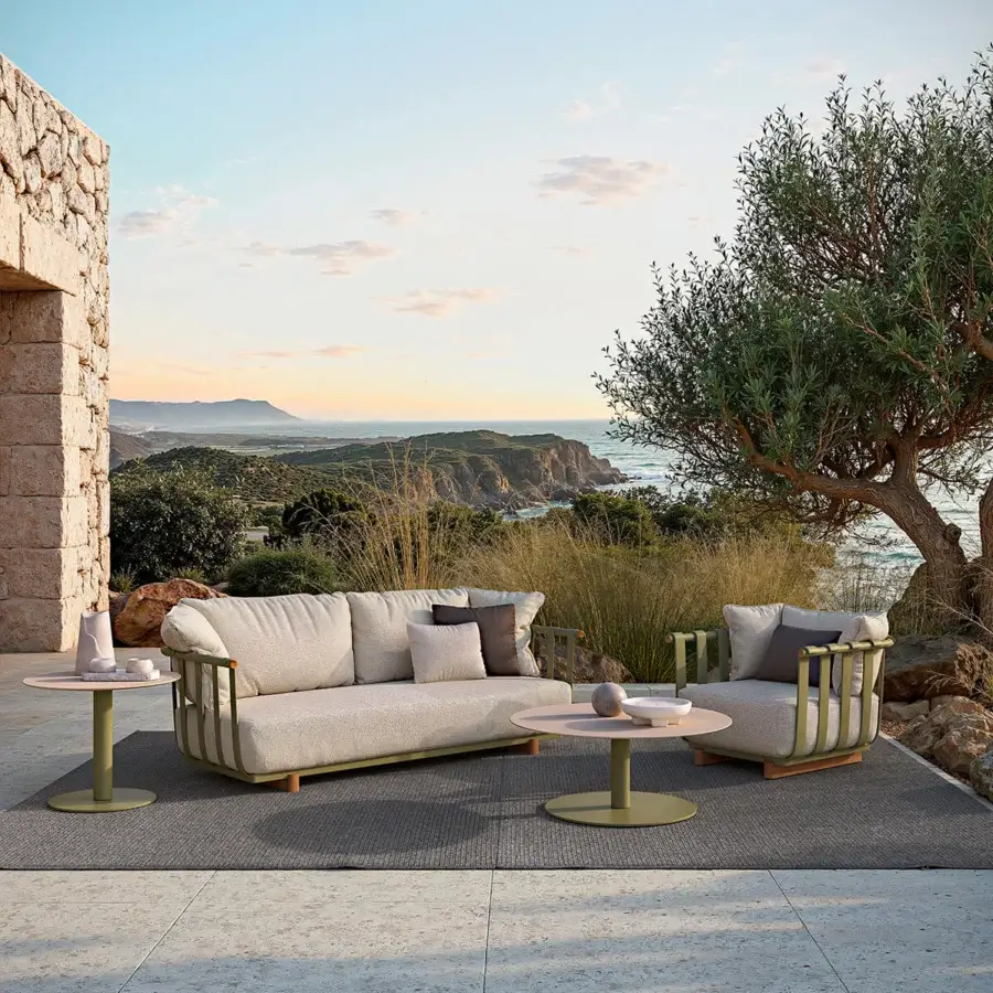 Distinguished Atmosphera Portofino lounge chair with a powder-coated light green aluminium frame and natural Teak details