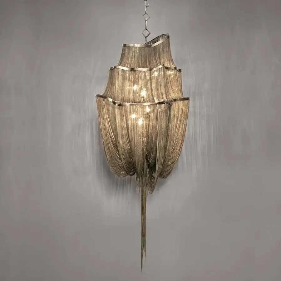 Superior Terzani Atlantis suspension lamp crafted with nearly three miles of hand-draped brass chains in a metallic silver tone